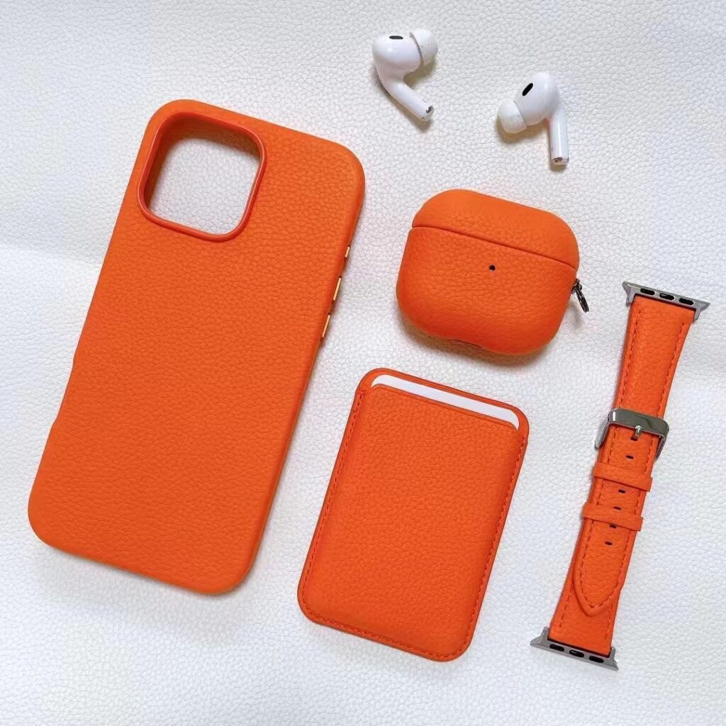 Orange genuine leather phone case airpods case cardholder watch band