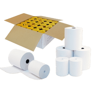 White thermal receipt paper rolls beside an open carton