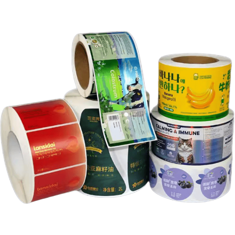 Assorted rolls of printed commercial product labels