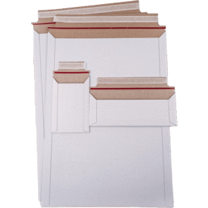 White rigid mailing envelopes in multiple sizes with peel-and-seal strips