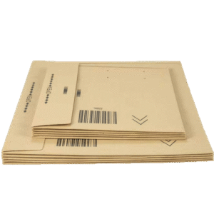 Stacked kraft rigid mailing envelopes with printed barcode details