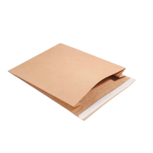 Open brown rigid paper mailer with a white peel-and-seal strip
