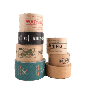 Stack of brown and black printed paper tape rolls