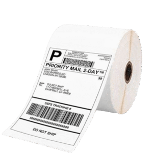 White shipping label roll printed with sample postal and tracking information