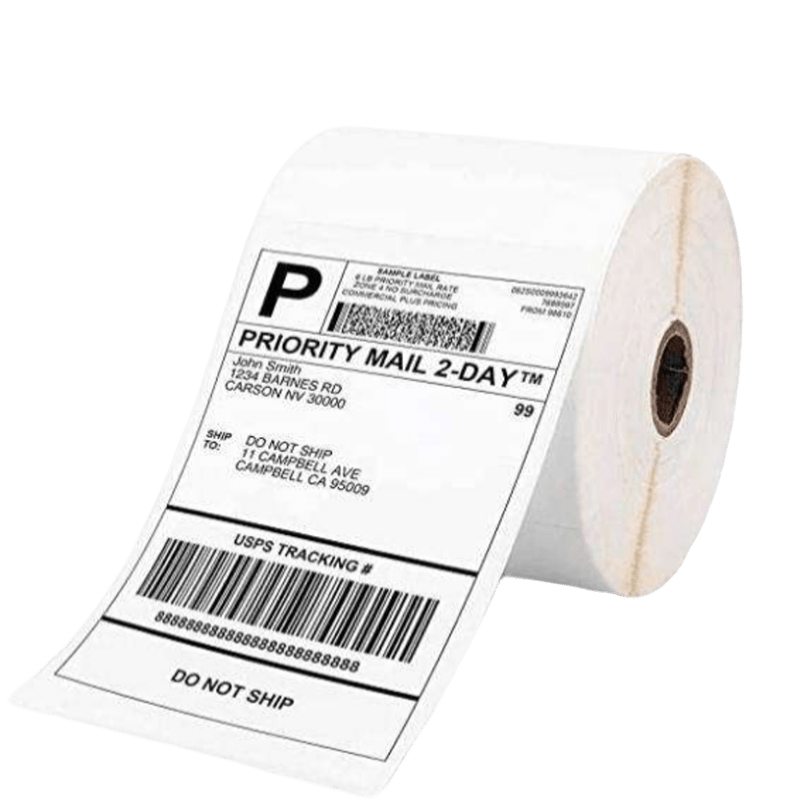 White shipping label roll printed with sample postal and tracking information