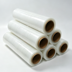 Six clear stretch film rolls stacked on a light background