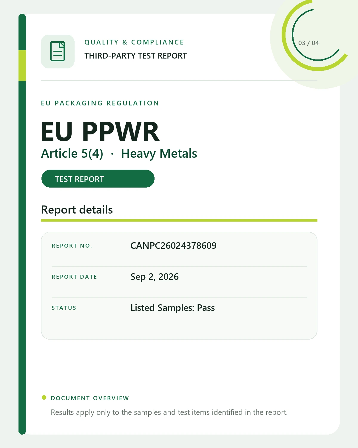 Document cover for EU PPWR Article 5(4) heavy metals test report CANPC26024378609 dated September 2, 2026.